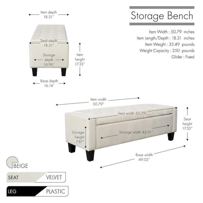 Velvet Button Tufted Flip Top Storage Bench