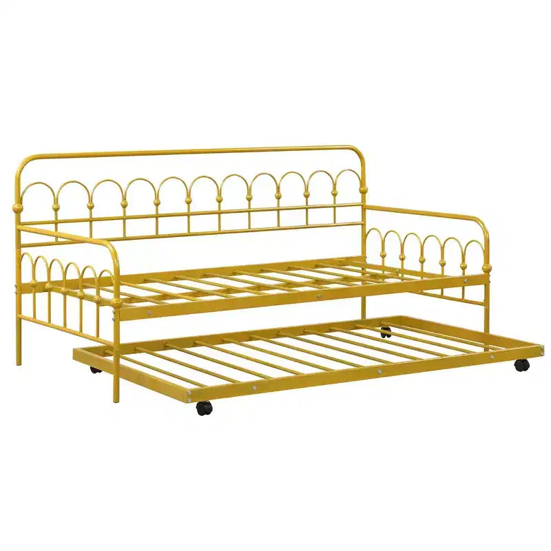 Costway Twin Size Metal Daybed with Trundle Space-Saving Sofa Bed Lockable Wheels Gold