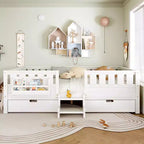 Bellemave Queen Size Toddler Bed with 14 Safety Guardrails, Space-saving Bed Frame with Built-in Bookshelves & 2 Under-Bed Storage Drawers
