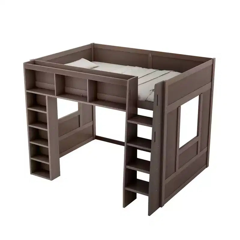 Whisen Queen Size Wooden Loft Bed Frame with Storage Cabinets and Shelves