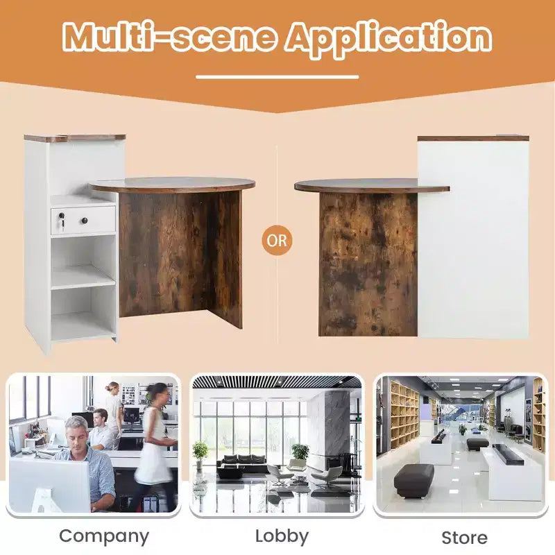 Costway Front Reception Counter Desk Checkout Office Desk with Open Shelf & Lockable Drawer White/Brown/Black