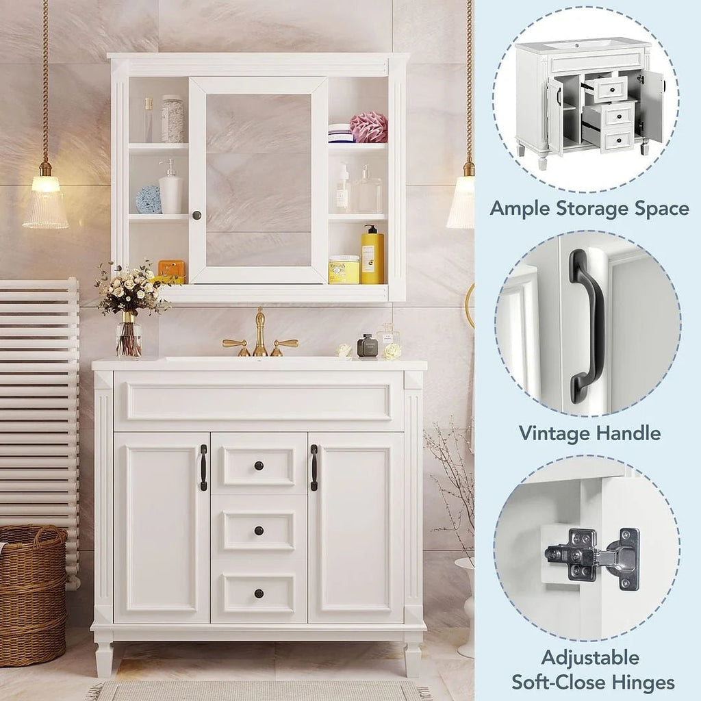 36 Modern Bathroom Vanity with Top Sink and Mirror Cabinet,2 Doors and 2 Drawers