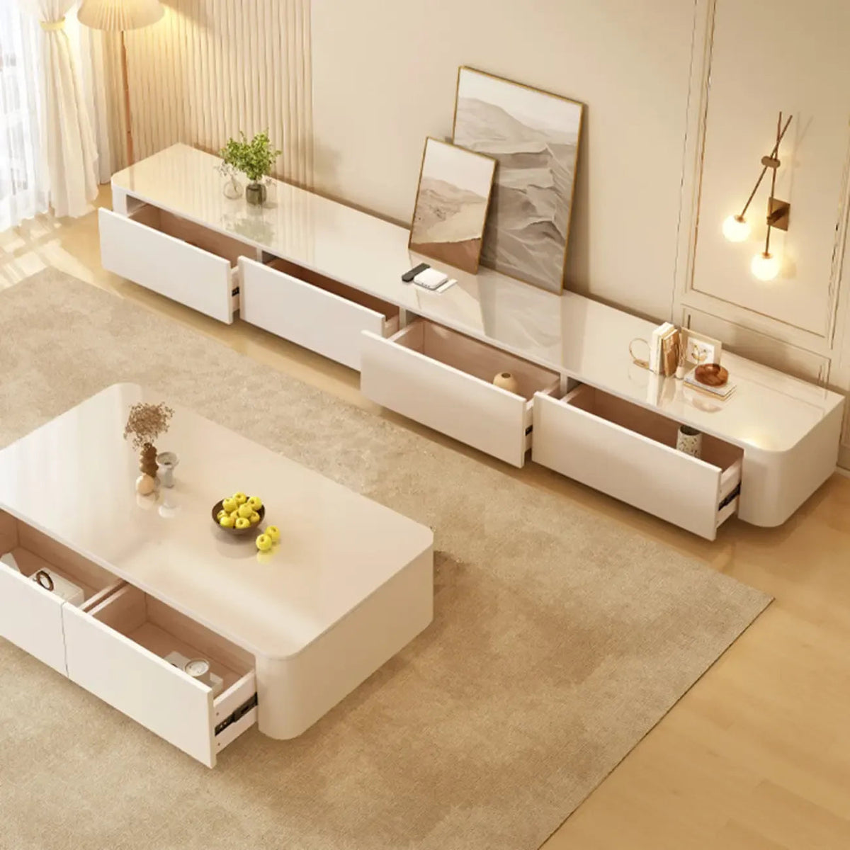 Modern Wooden TV Stand with Drawers and Cable Management
