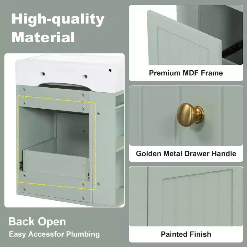 Bathroom Vanity with Ceramic Sink, MDF Storage Drawer, Side Shelf & Golden Handle