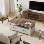 Farmhouse Coffee Table with Drawers, 47.2 Center Table Rustic Coffee Tables Brown Living Room Table, with Open Shelf and 6 Support Legs