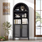 Acekool Arched Pantry Cabinet with Rattan Doors, 5-Tier Farmhouse Storage Cabinet for Kitchen Dining Living Room