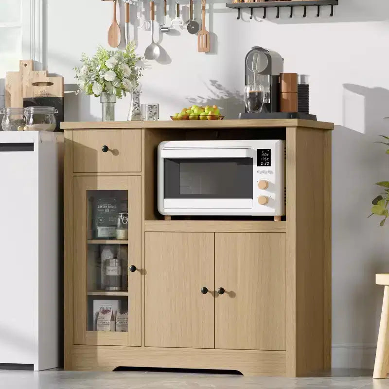 White & Walnut Kitchen Microwave Cabinet - 3-Door Pantry Storage Buffet with Adjustable Shelves for Dining Room, Living Room & Hallway
