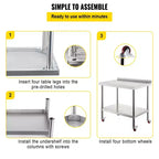 VEVOR Stainless Steel Prep Table, 30 x 24 x 35 Inch, 440lbs Load Capacity Heavy Duty Metal Worktable, Silver