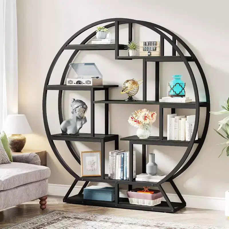 Tribesigns 62.2 Inch Bookshelf, Round Bookshelves Etagere Bookcase