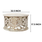 Alina Coffee Table Handcrafted Mango Wood Floral Carved Cut Out Design Distressed White Finish 33 Inch