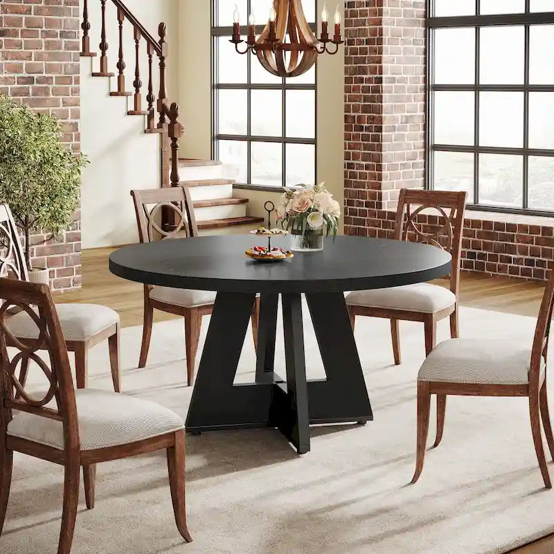 47 Inch Round Dining Table for 4, Wood Farmhouse Dinner Dinning Table for Kitchen Dining Living Room