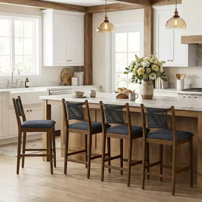 Christopher Knight Home Natalie Modern Rubberwood Upholstered Counter Stools with Woven Rope Backrest (Set of 4)