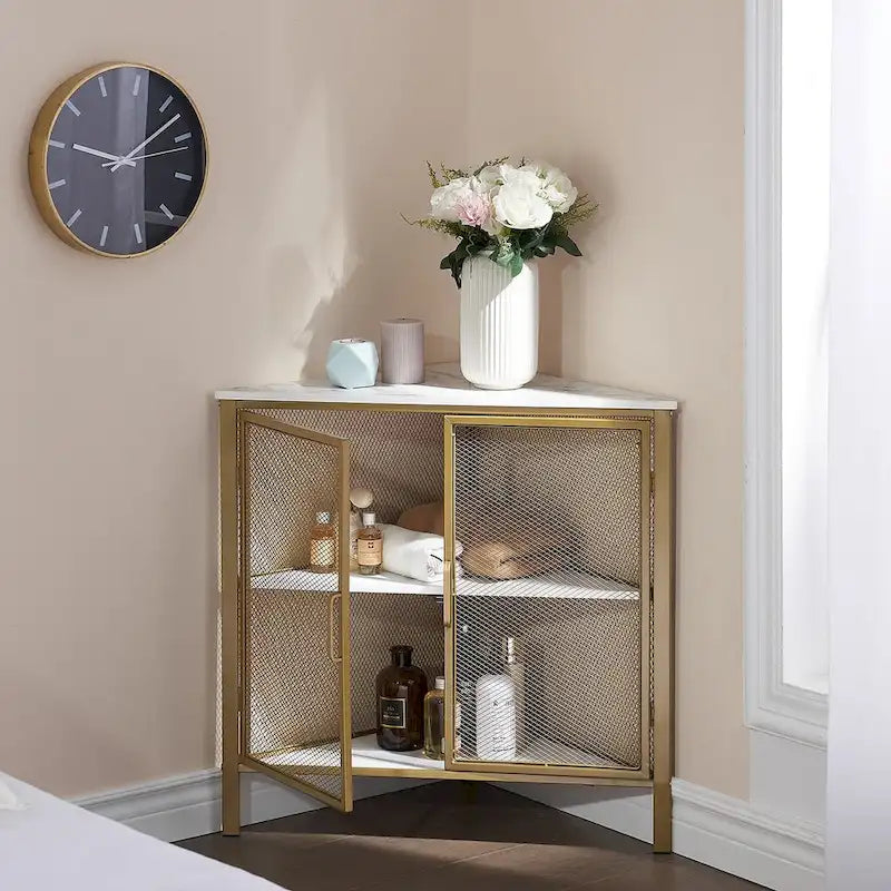 Javlergo Corner Table Modern Triangle 3-tier Storage Shelf with 2 Doors for Living Room Bedroom Office
