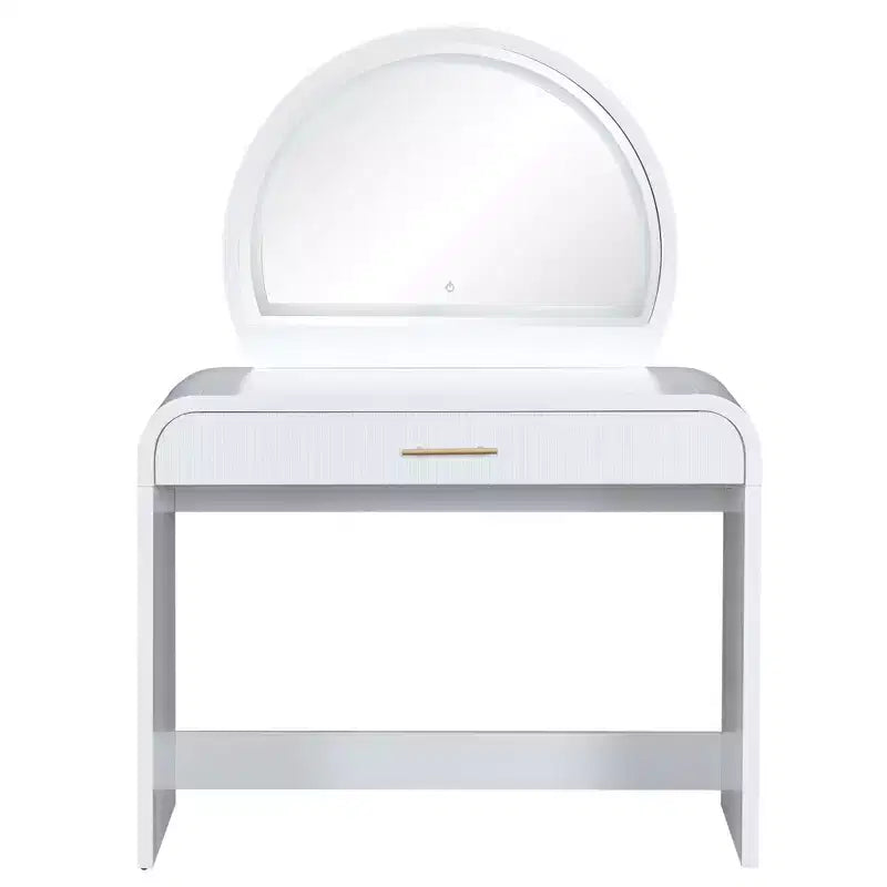 Makeup Vanity Table with Large Mirror and Touch Screen, Vanity Desk with Large Drawer and Arched Corner, Dressing Table for Bedroom