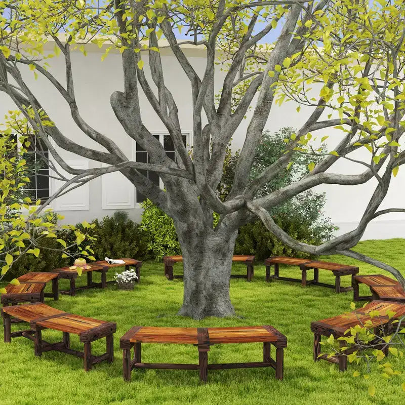 Outsunny Wooden Garden Bench, Semicircular Round Outdoor Tree Bench, Wrap Around Park Bench