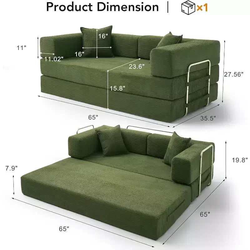 Dyonery 65-in five-in-one folding floor sofa bed, convertible into a double bed sofa bed, with a fixed metal frame, corduroy