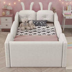 Whisen Twin Platform Bed, Kids Floor Upholstered Bed Frame with Rabbit Cushion, Removable Side Rails