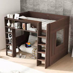 Whisen Queen Size Wooden Loft Bed Frame with Storage Cabinets and Shelves
