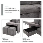 104.5 Reversible L-Shape Sleeper Sectional with Storage Chaise & 2 Stools - Convertible 3-Seat Sofa Bed for Living Room