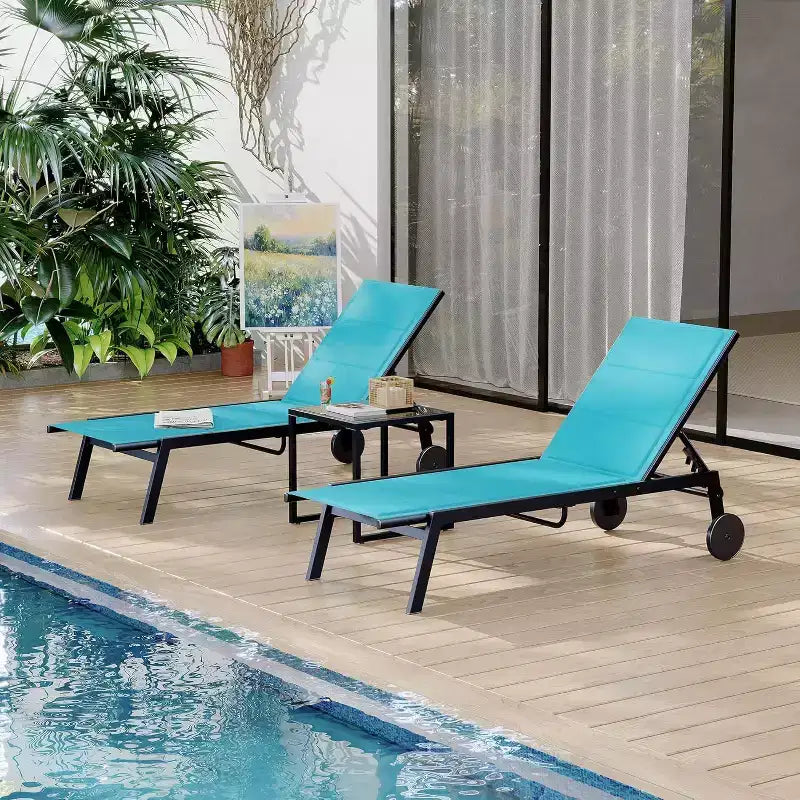 GustoWave Outdoor Chaise Lounge Chairs Set of 3, 5-Position Adjustable Backrest, with Wheels & Side Table for Patio, Poolside and Beach