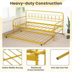 Costway Twin Size Metal Daybed with Trundle Space-Saving Sofa Bed Lockable Wheels Gold