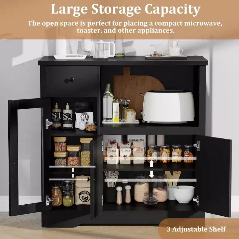 White & Walnut Kitchen Microwave Cabinet - 3-Door Pantry Storage Buffet with Adjustable Shelves for Dining Room, Living Room & Hallway