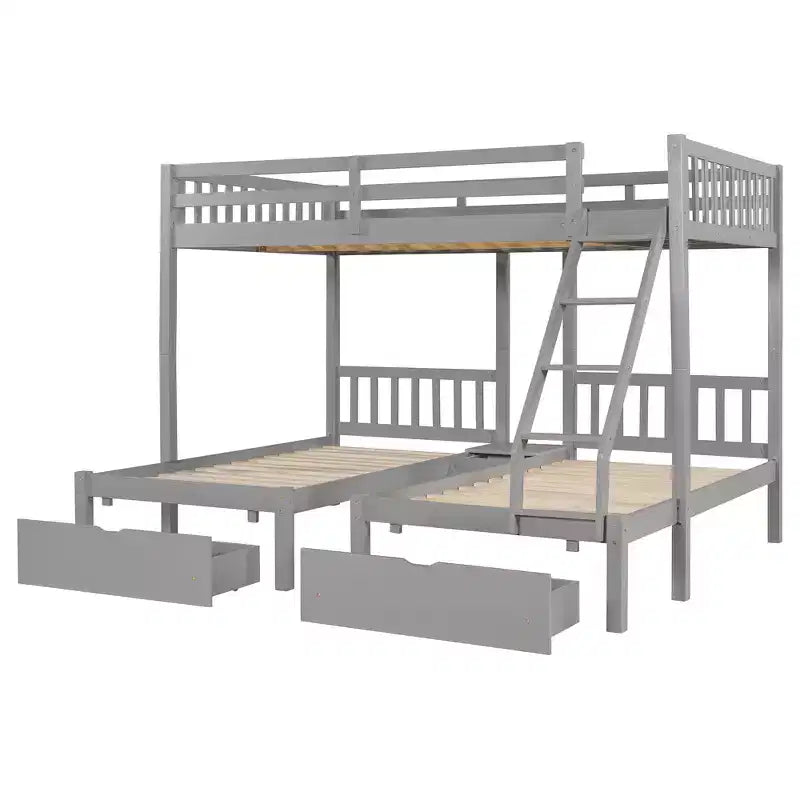 Full Over Twin & Twin Bunk Bed for 3, Wooden Triple Bunk Bed with 2 Storage Drawers, can be Divided into 3 Separate Beds