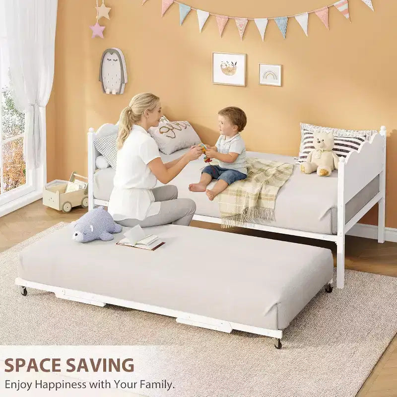 Twin Size Daybed with Trundle, Metal Frame with Wavy Wood Grain Headboard, Lockable Casters, Space-Saving Sofa Bed, No Box Spring Needed