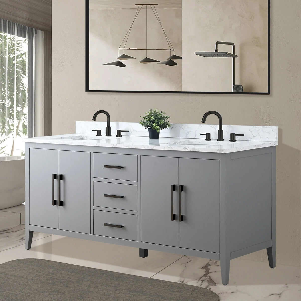Vanity Art 72 Double Sink Bathroom Vanity Cabinet with Engineered Marble Top