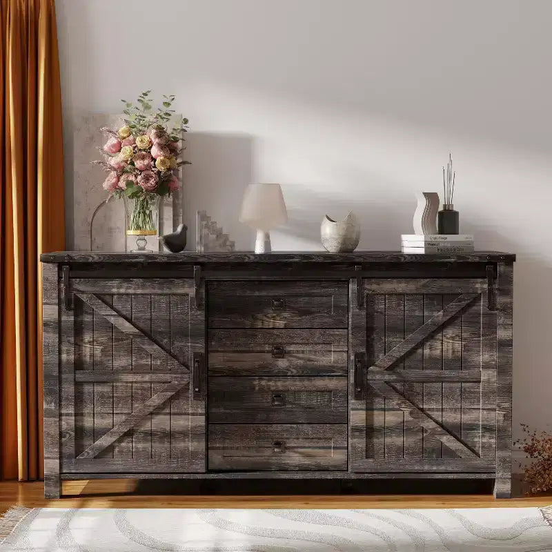 SinCiDo Farmhouse 60Dressing Table with Sliding Barn Door and 4 Drawers,Drawer Cabinet Living Room,Bedroom,Coffee Bar