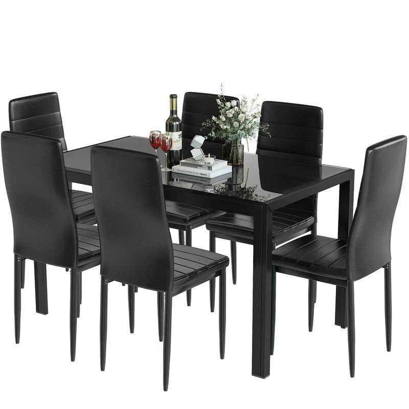 Grondin Modern Style 7-Piece Dining Room Table Set with Tempered Glass Tabletop and 6 PU Leather Upholstered Chairs