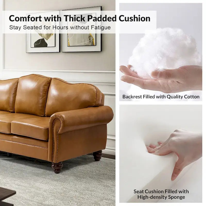 Balvino 81 Wide Transitional Genuine Leather Rolled Arm Sofa with Nailhead Trim and Removable Cushions