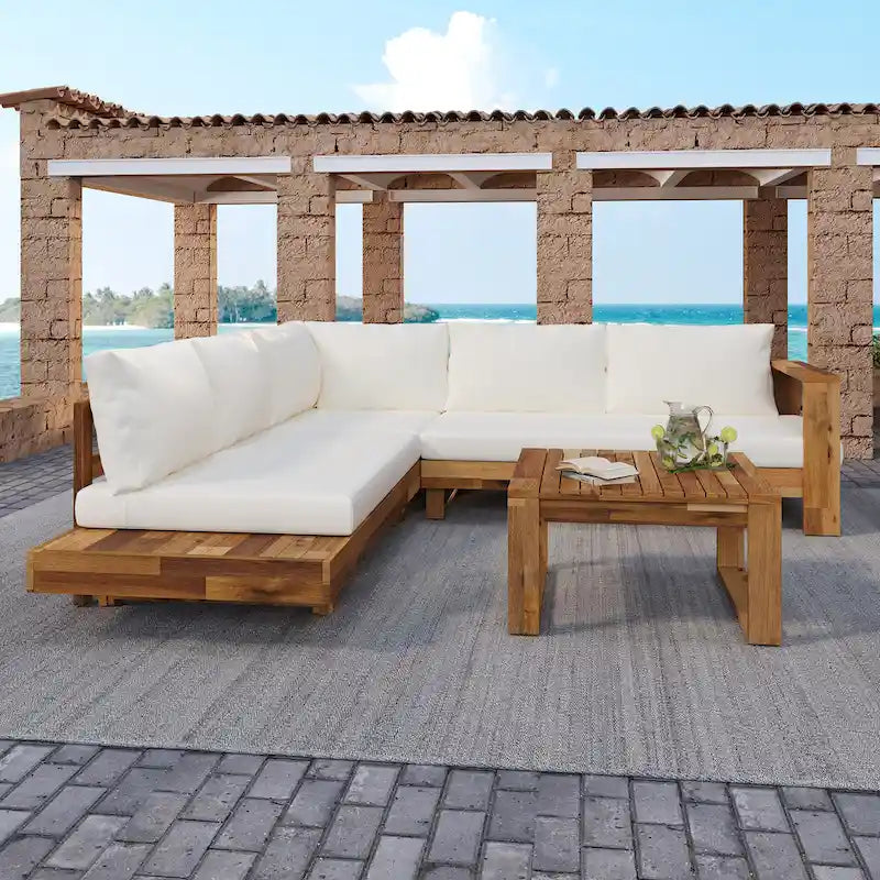 L-shape Sectional Sofa Set Patio Couch Set with Table, Wooden Lounge Chaise Sofa Outdoor 4-piece Conversation Sets