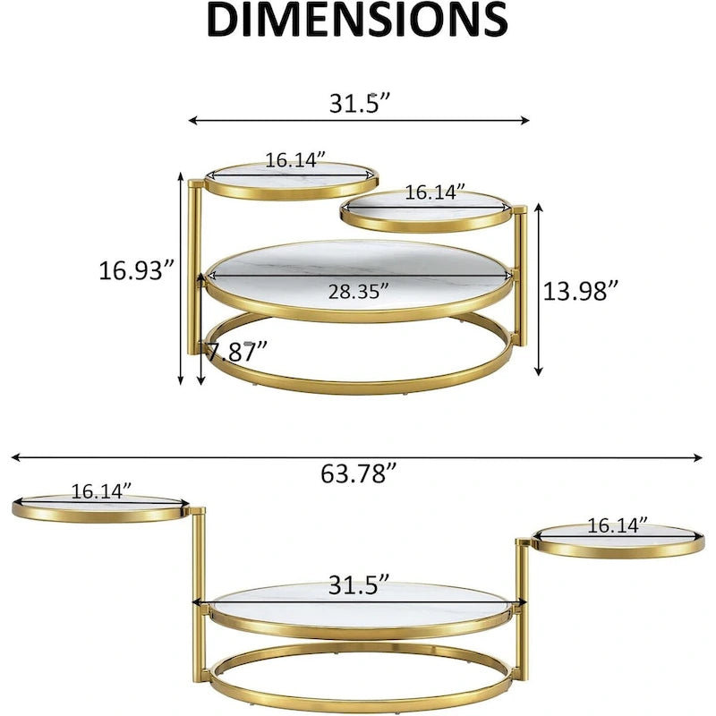 Round Tempered Glass Coffee Table with 3 Tiers 360 Degrees Rotating Top