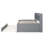 Full Size Wooden Captain Platform Bed with Built-in Bookshelves, Three Storage Drawers and Trundle