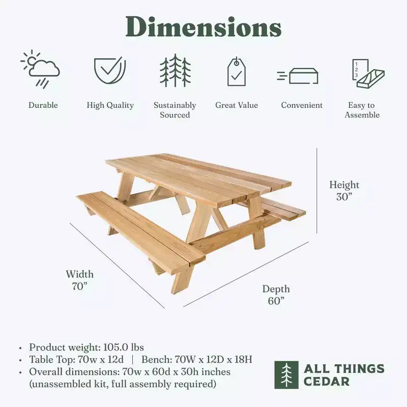 All Things Cedar 6-Ft Outdoor Picnic Table, Handcrafted Wooden Patio Bench Set for Camping, Backyard Parties, or Tailgating, Rustic Cedar