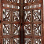 Benzara Traditional Four Panel Wooden Room Divider with Hand Carved Details Antique Brown