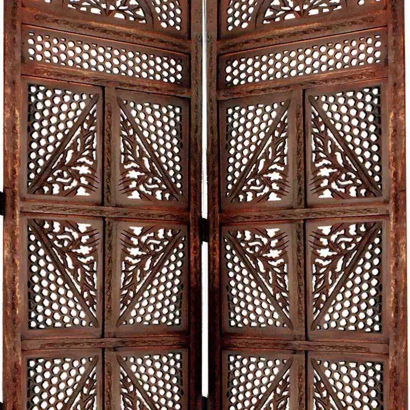 Benzara Traditional Four Panel Wooden Room Divider with Hand Carved Details Antique Brown