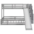 Twin over Full Bunk Bed with Slide, Storage Staircase, Safety Guardrails and Solid Pine Wood Frame, White/Grey