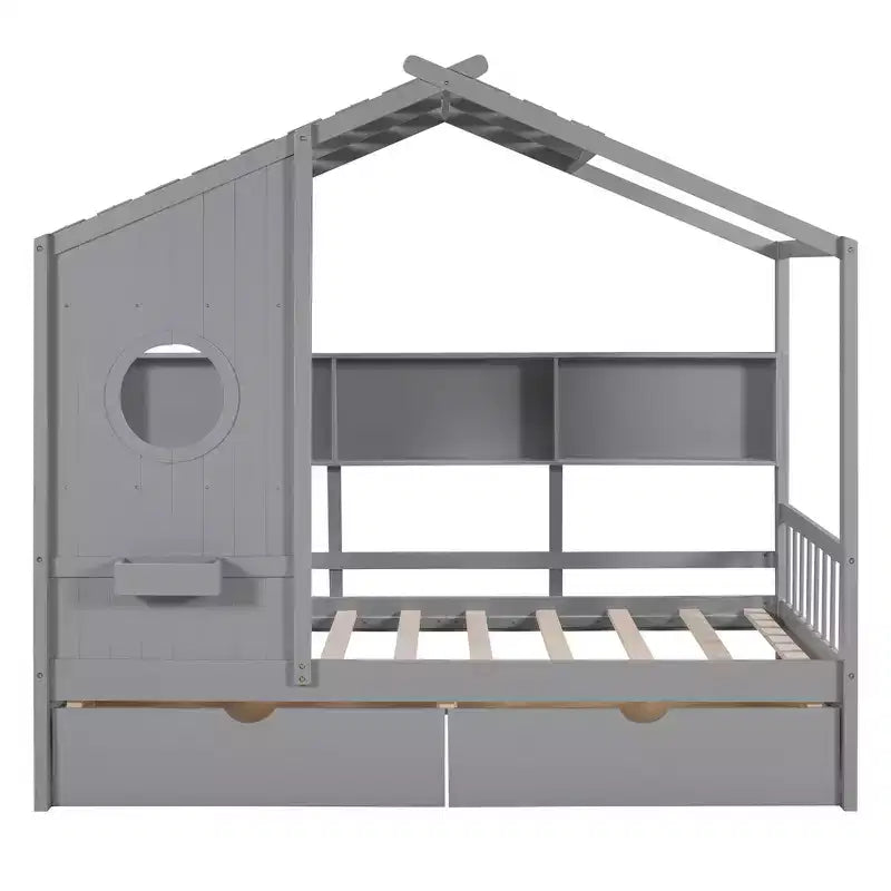 Whisen Twin Size House Bed & Kids Bed, Playhouse Bed with 2 Drawers, Storage Shelf