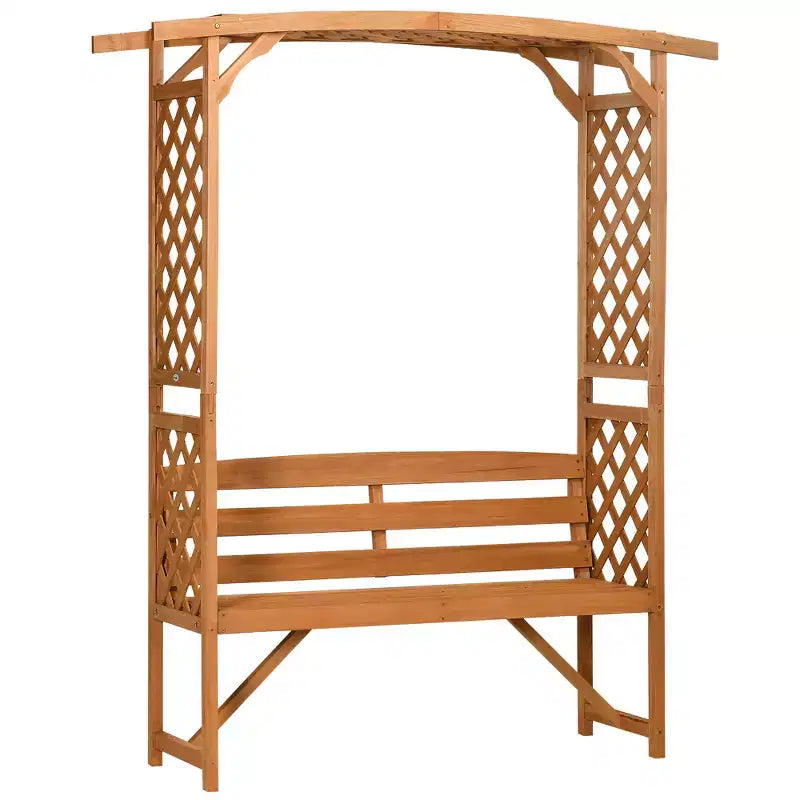 Outsunny Patio Garden Bench Arbor Arch with Pergola and 2 Trellises, 3 Seat Natural Wooden Outdoor Bench for Grape Vines & Climbing Plants