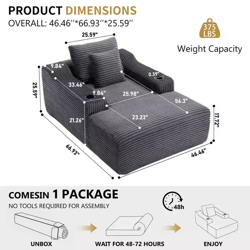 67 Chaise Lounge Chair, Indoor Sleeper Sofa Bed with 2 Pillows, Boneless Single Sofa Couch for Living Room, No Assembly Required