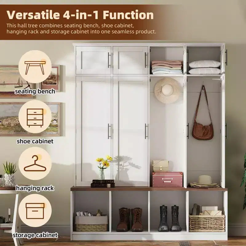 GDFStudio Jessica Farmhouse 4-in-1 Hall Tree with Hidden Hooks and Storage Bench