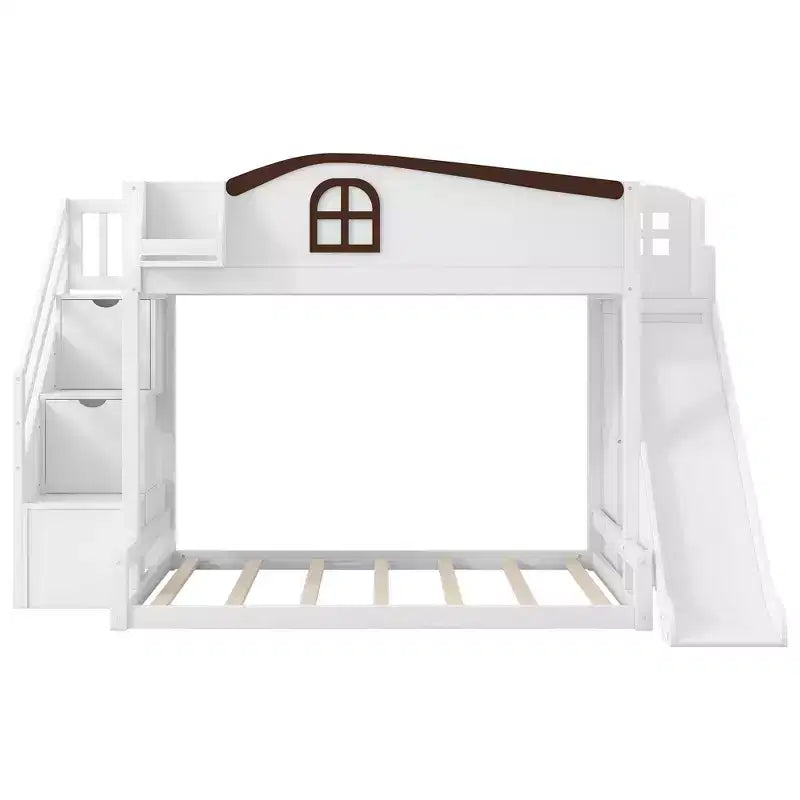 Twin over Full Bunk Bed with Slide, Shelves, Storage Staircase and Wardrobe for Kids Room