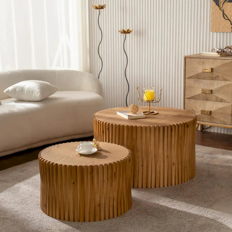 Cylindrical Nesting Coffee Table with Vertical Textured Embossed Design (Set of 2)