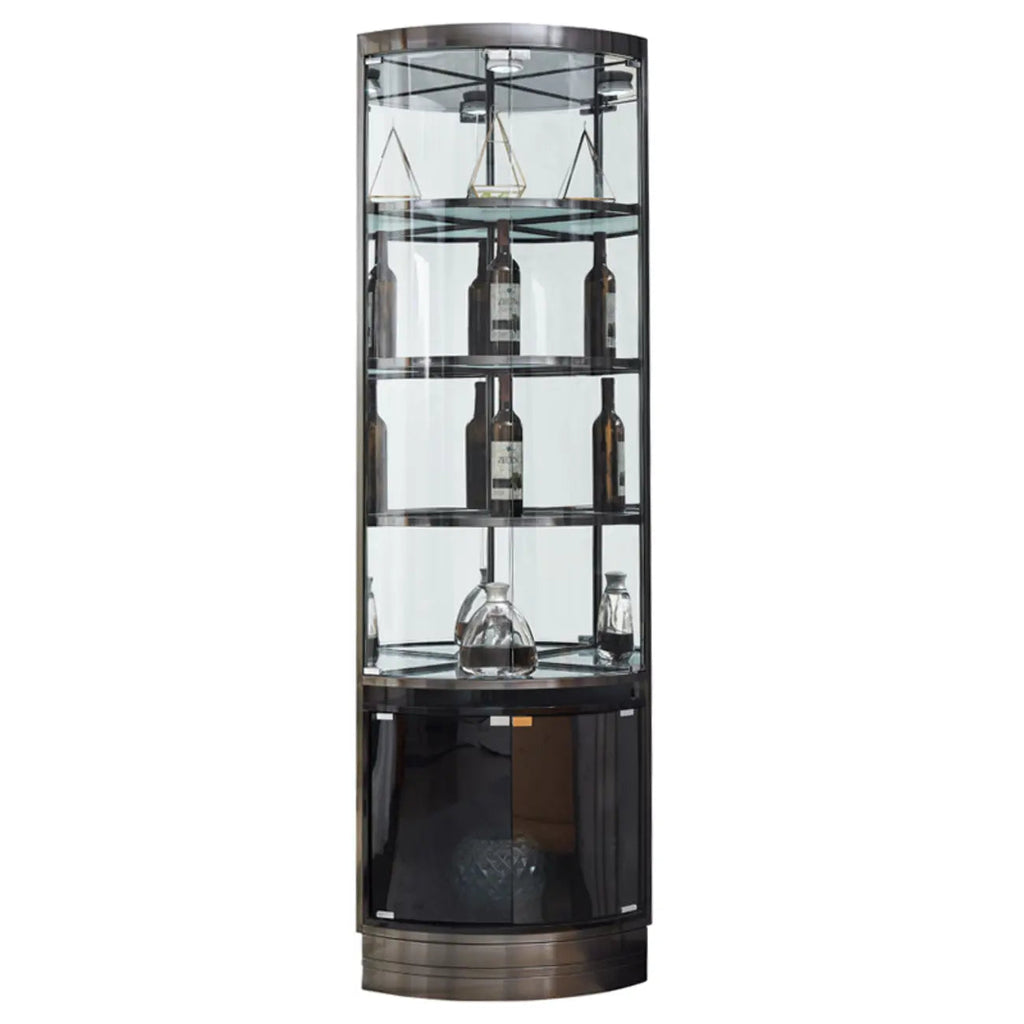 Multiple Levels Glass and Metal Shelf Storage Display Corner Wine Cabinet