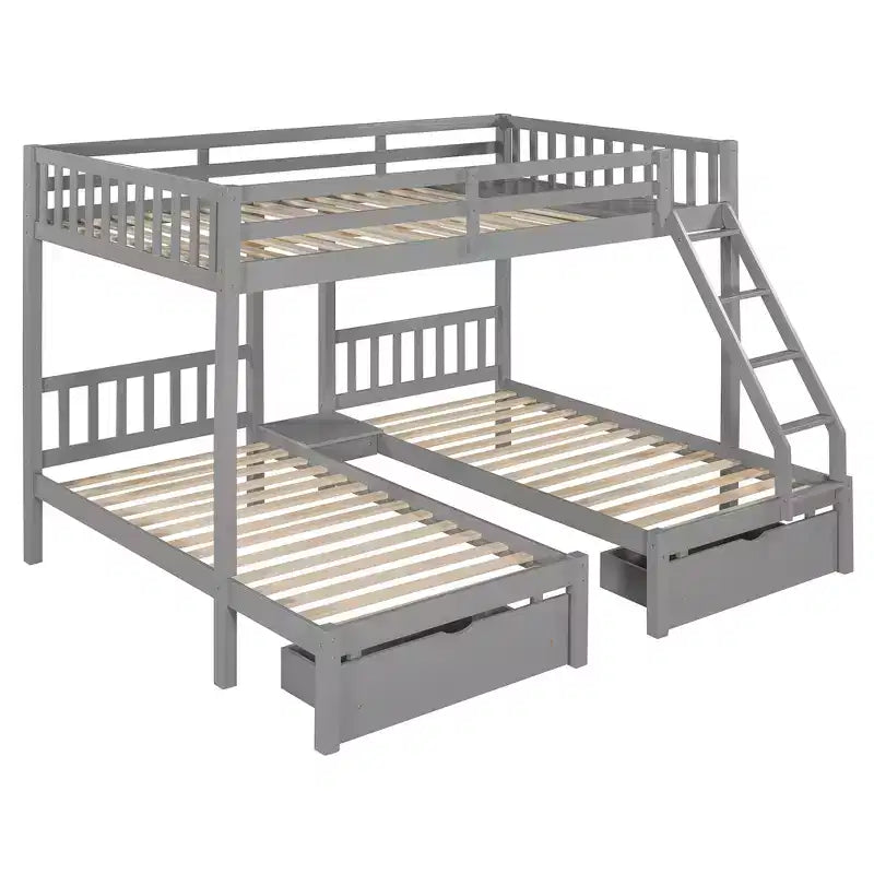Full Over Twin & Twin Bunk Bed for 3, Wooden Triple Bunk Bed with 2 Storage Drawers, can be Divided into 3 Separate Beds
