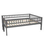 Full Over Full Triple Bunk Bed with Convertible Ladder and Slide, Triple Bed with Guardrails, White/Gray/Espresso - ModernLuxe