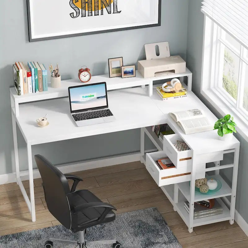L Shaped Desk with Drawer, Home Office Corner Desk with Storage Shelves and Monitor Stand, Rustic PC Desk for Small Space