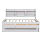 Full Size Wooden Captain Platform Bed with Built-in Bookshelves, Three Storage Drawers and Trundle
